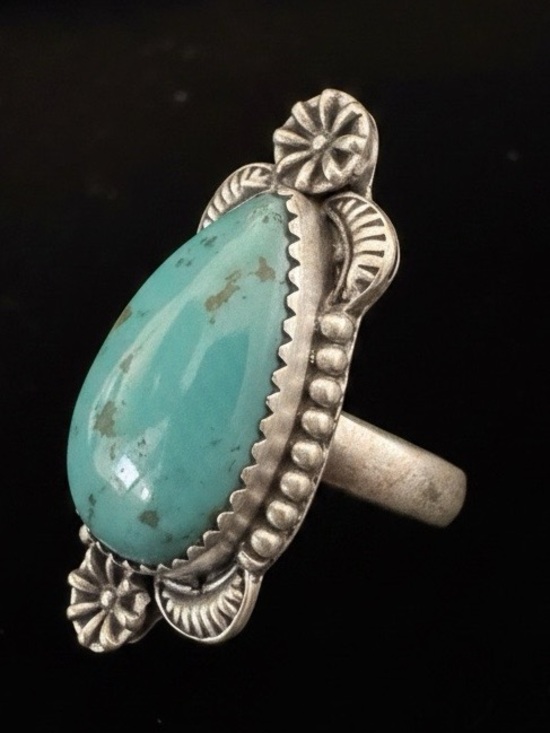 Jewelry - Sterling Silver genuine, Kingman Turquoise Teardrop Ring - Turquoise Blue